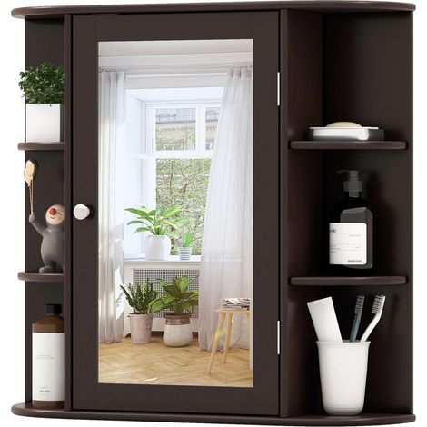 COSTWAY Mirrored Bathroom Cabinet Wooden Hanging Cabinet-Brown (1/5)