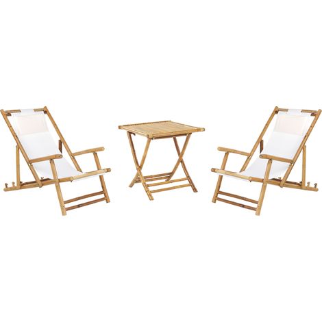 Conjunto de tumbonas 2 plazas mesa de centro sillas de exterior plegables de madera de bambú natural mesa auxiliar Atrani/Molise (1/4)