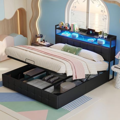 Lit coffre 140x190 cm Gris, lit double avec espace de rangement, bande lumineuse LED intégrée et USB, sommier à lattes, design (1/5)
