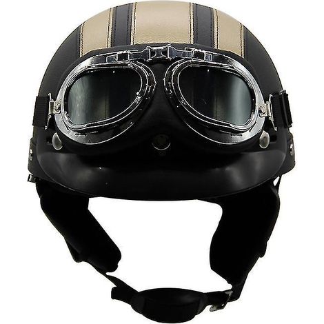 Casque de moto d'été léger en cuir style rétro Harley, avec lunettes de protection, demi-casque tendance, pour véhicules électriques, noir et or. (1/3)