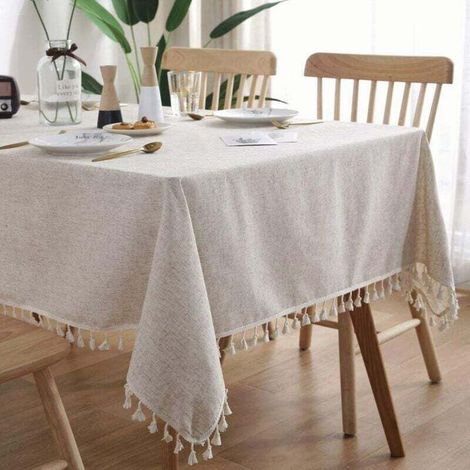 Nappe Rectangulaire Anti Tache Nappe Lavable Couleur Unie Gland Nappe Oblongue Coton Lin Housse de Table pour Cuisine Table à Manger Décoration de Buffet (Beige, 140x220 cm) (1/5)