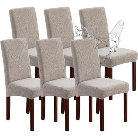 Set of 6 stretchable, removable and washable jacquard chair covers for dining rooms, protective covers for kitchen, hotel and restaurant chairs (Warm Grey Leaves)