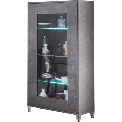 Vitrine 2 portes à Led bois gris effet marbre vernis et verre trempé Botela 100cm (1/2)
