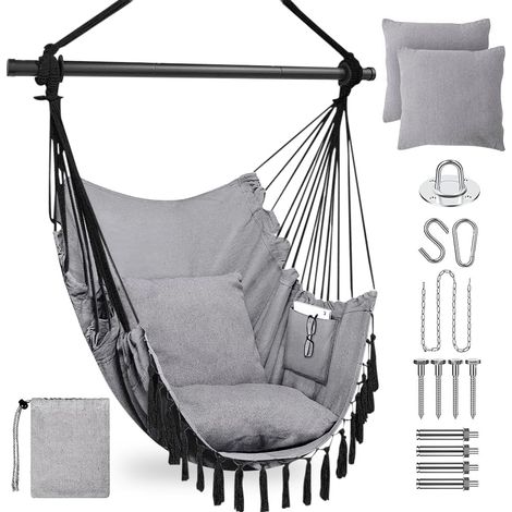Fauteuil Suspendu avec 2 Coussins Siège et Sac - Chaise Hamac Balançoire Suspendue Charge Max 330 lbs, Fauteuil Jardin pour Intérieur et Extérieur Balcon Hamac Portable Poche Latérale (Gris) (1/5)