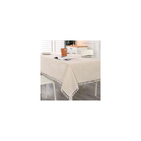 Beige rechteckige Tischdecke, fleckenabweisend, waschbar, aus Baumwolle und Leinen mit Quasten, für Geburtstage, Hochzeiten, Esszimmer, 140 x 180 cm - Crezuo (1/4)