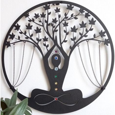 Décoration murale en métal pour la méditation, Arbre de Vie du Yoga, 7 Pierres des Chakras, Cristal brut, Symbole de méditation et de yoga, Énergie, pour suspension d'entrée, Noir (1/5)