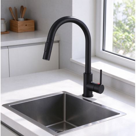 DUSCHPARADIES Küchenarmatur Ausziehbar Zink Messingkern KTW 360° Drehbar 2 Strahlarten Hochbogen Spültischarmatur Wasserhahn Küche Schwarz