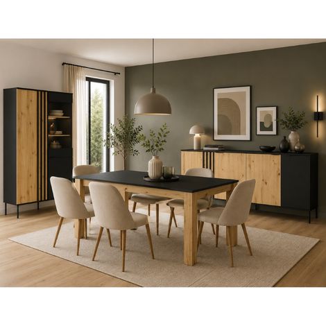 Salle à manger complète moderne bois et noir IRINA