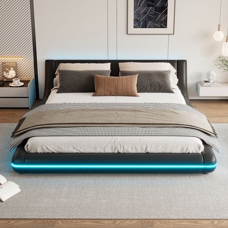 Lit de sol 160x200 cm, sommier plat en PU noir, éclairage LED d'ambiance, literie au sol design, cadre de lit bas sans pieds, chambre moderne, 1 pièce. (1/5)