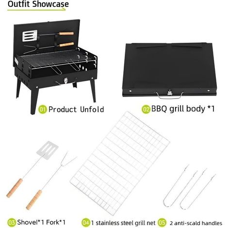 Barbecue à charbon portable pliable format valise, kit complet avec grille, spatule, fourchette et poignées anti‑brûlure, idéal camping, pique‑nique, voyage, jardin (1/5)