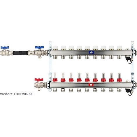 Fußbodenheizungsverteiler aus Edelstahl mit Topmeter für 9 Heizkreise - mit WMZ-Anschlussset 110 mm waagrecht (1/3)