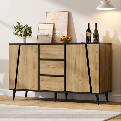 MODFU – Aparador 120x40x70 cm de MDF con 2 puertas, 3 cajones y estantes regulables, 6 patas y carga 60 kg – Madera/negro (1/5)