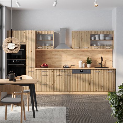Küchenzeile R-Line, Artisan-Eiche/Goldkraft Eiche, 350 cm mit Hochschrank, AP Anthrazit, Vicco