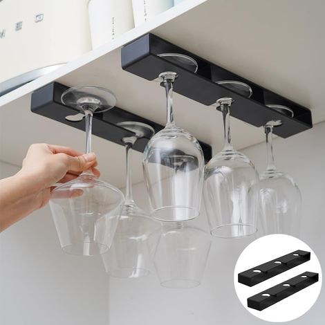 2 pièces petit support de verre à vin suspendu noir, casier à vin pour verres sur pied, aucun perçage requis, adapté à la cuisine et au salon ， noir