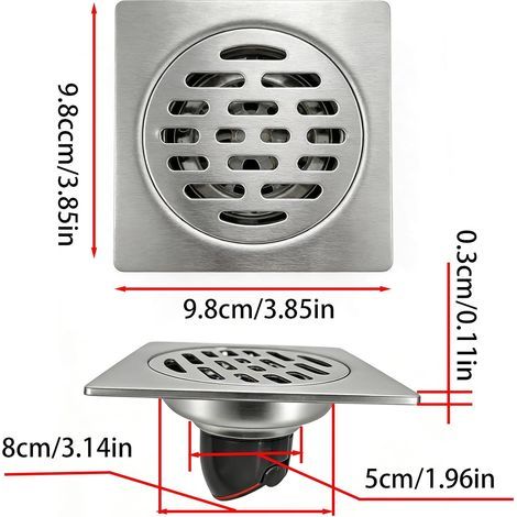 Ncheli Egout de Sol INOX Carre env. 100mm Grille et Siphon pour Salle de Bain Cuisine Balcon Systeme Anti-Odeur Automatique Compatible Tuyaux 50-75mm Entretien Facile Acier Gris (1/4)