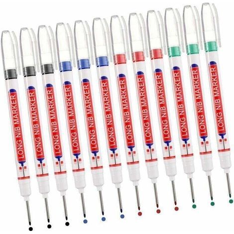 Marqueurs Trou Profond, 12pcs Marqueur Charpentier, Stylo Marqueur Indélébile à Pointe Longue de 20 mm, Marqueur de Precision Chantier (Noir Bleu Rouge Vert) (1/4)
