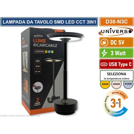 UNIVERSO D38-N3C LAMPADA DA TAVOLO 3W PORTABILE CON RICARICA USB CCT SELEZIONE COLORE LUCE (1/5)