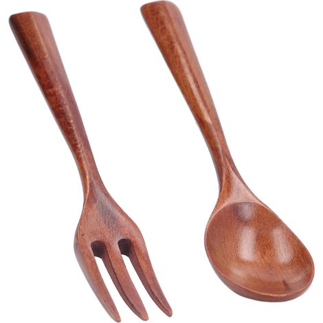 Ensemble de 2 couverts en bois résistant à la chaleur et à haute dureté, idéal pour les enfants (fourchette et cuillère). (1/5)