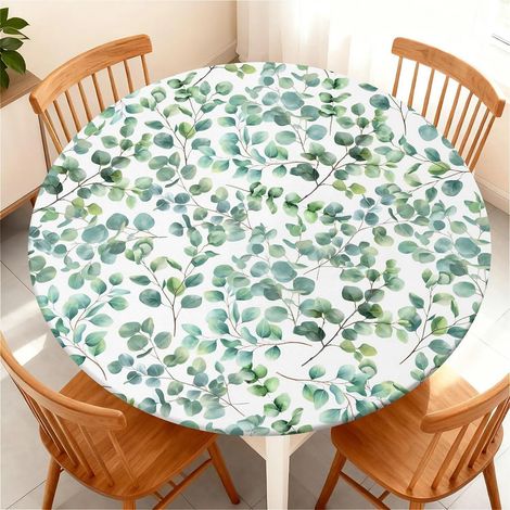 Tischdecke rund 90 cm abwaschbar wasserdicht mit Gummizug Eukalyptusblätter