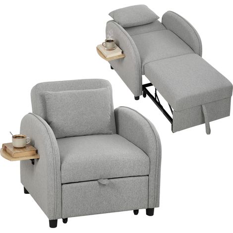 Poltrona Letto 3 in 1 Estraibile in Tessuto Lino, Schienale Regolabile, Tavolino Laterale, Grigio (1/5)