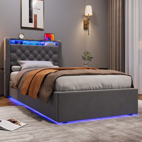 Letto imbottito 90x200 cm, Velluto Holland, Vano idraulico, LED e porte USB, Ripiano in testiera, Grigio (1/5)