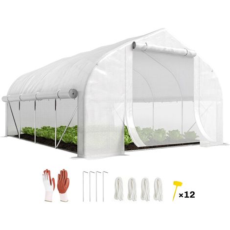 Serre tunnel de 4 x 3 x 2 m avec porte grillagée et 8 fenêtres, toit pointu et bâche blanche en polyéthylène. (1/5)