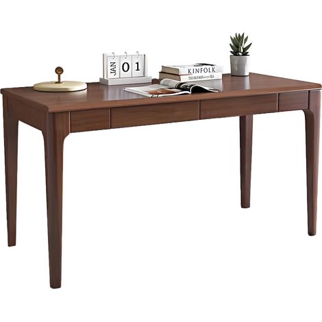 Escritorio de pie de madera oscura con dos cajones, bordes redondeados y diseño minimalista, ideal para oficina, dormitorio o espacios pequeños  CHICFURN (1/5)