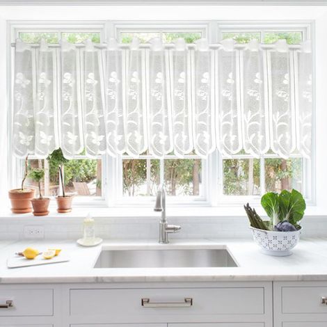 Translucide Petit Rideau, 130 X 45 cm Rideaux Courts pour Cuisine, Rideau Voilage Blanc, Mousseline Rideaux de Bistrot, Motif Floral Papillon Rideau Cuisine, Salon Vintage Brise Bise Court (1/5)