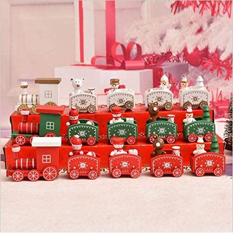Conjunto de 5 trenes de madera, locomotora y vagones, pintura ecológica, decoración de mesa y árbol de Navidad. (1/5)