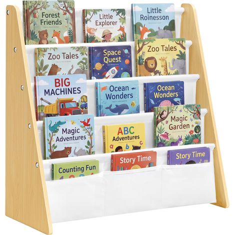 Bibliothèque Enfant, Étagère à Livres 4 Niveaux, Panneau MDF et Tissu, Meuble de Rangement, 62,4 x 25 x 60 cm, pour Chambre d'enfant, Beige hêtre et Blanc (1/5)