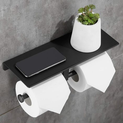 Double Rouleau Porte-Papier Toilette Espace en Aluminium Mur Monté Salle De Bains Papier De Stockage avec Support de Téléphone Étagère Stand Plateau pour Salle De Bains Cuisine (1/5)