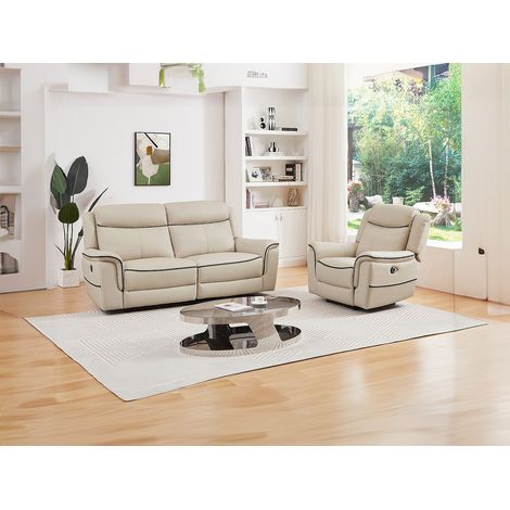Canapé 3 places et fauteuil relax électrique en cuir beige ADELIO (1/4)