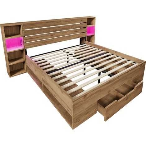 Letto matrimoniale 180x200 con contenitore, LED e porte USB-C, effetto rovere (1/5)