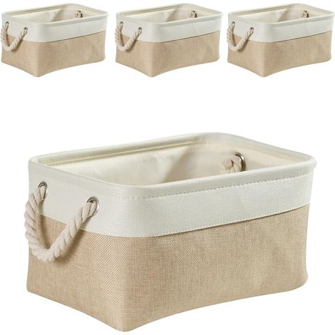 Paquete de 4 cajas grandes de lona con asas para guardar ropa, juguetes y toallas (plegables, color caqui claro y blanco) (1/4)