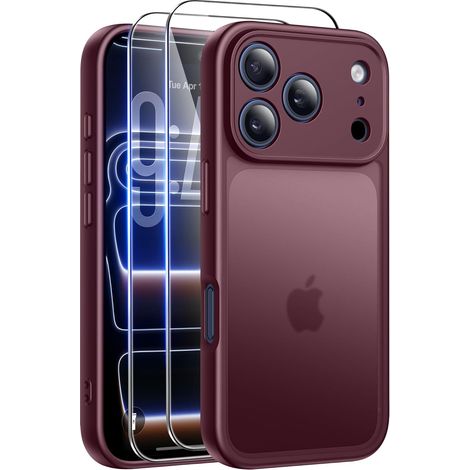 Coque pour iPhone 17 Pro avec 2 Pièces de Verre Trempé, Militaire Étui de Mince Bumper Housse, Silicone en Gel TPU Souple Compatible avec iPhone 17 Pro - Bordeaux