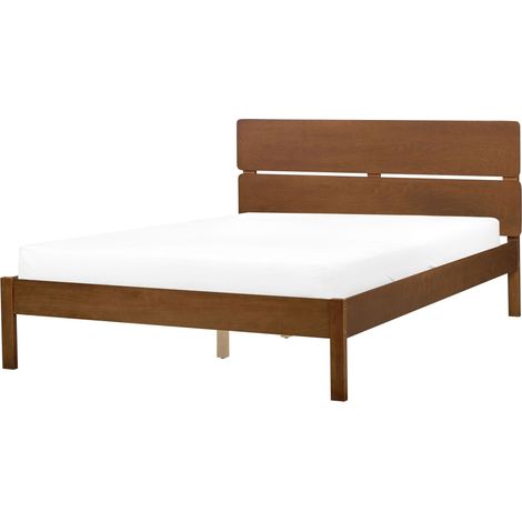 Lit Double avec Tête de Lit et Sommier à Lattes 140 x 200 cm Bois d'Hévéa Marron Foncé Boisset