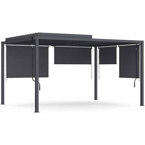 Pergola bioclimatique lames orientables acier 3x4 M et 4 stores gris anthracite
