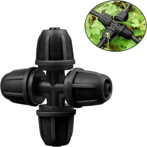 Conector de cuatro vías para riego por goteo, diámetro interior de 4 mm, 20 unidades, cierre rápido para invernaderos (Negro) (1/5)