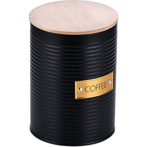 Bote de café hermético decorativo cocina 16 x 11 cm de metal negro y bambú natural 130017321 (1/3)