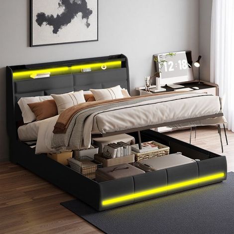Cama 140x190 cm, TT01, LED regulable, hidráulica, escandinava, cama para adultos, marco de cama doble 140x190 cm, tela PU, Negro
