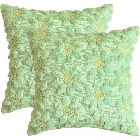 Lot de 2 housses de coussin, fourrure synthétique jacquard tournesols, vert 45 x 45 cm, décoration intérieure salon chambre