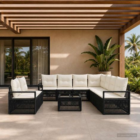 Salon de jardin modulable 10 pièces en polyrotin noir, 9 places, 79.88kg - PANGIVO (1/5)