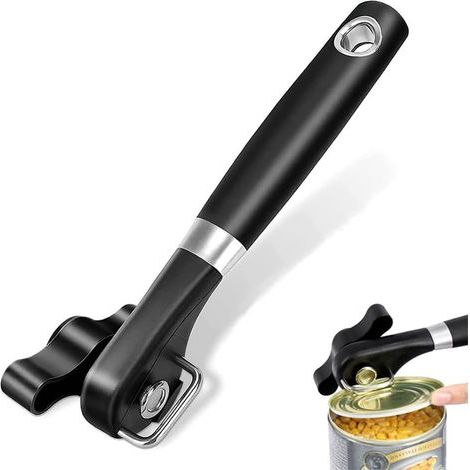 Safety manual for can openers, Manual can opener with bottle opener, Can opener without sharp edges, Flat side cuts, Suitable for canned foods (1/5)