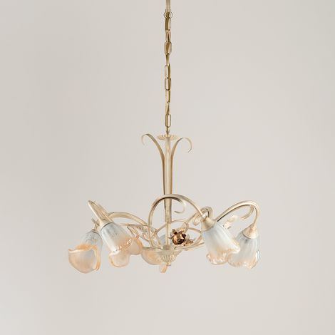 Lampadario Classico Arte Povera 5 Luci Ferro Battuto Avorio E Oro Serie Cestino