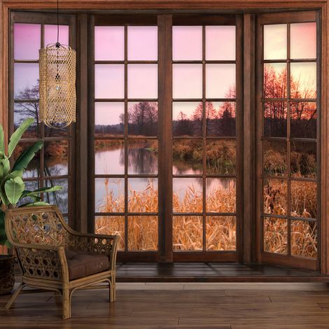 Papier peint panoramique Trompe l'oeil Fenêtre en bois - Lac - 195 cm x 156 cm (1/5)