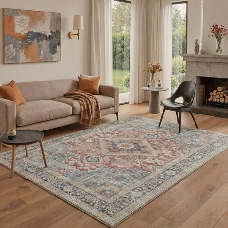 Tapis Salon Vintage 160x230cm Lavable en Machine Rug AntidéRapant Poil Ras, pour Chambre Salle a Manger Descente de Lit Bureau, Cuisine, Rouge Lie de Vin (1/5)
