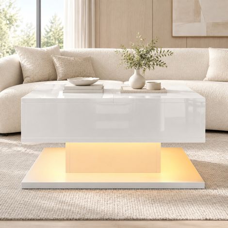 Tavolino da caffè sollevabile 72x72x35 cm in MDF bianco con LED e vano contenitore - MEUBLIV (1/5)
