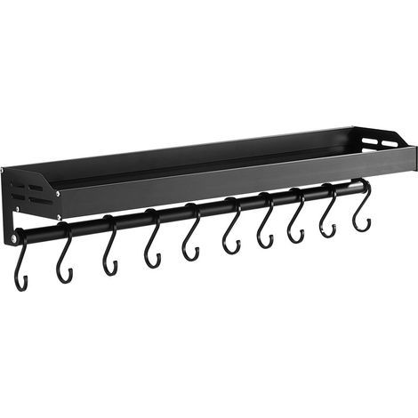 Gewürzregal – Wandmontage, kein Bohren erforderlich – Rostfreies Aluminium – 40 cm – 6 abnehmbare Haken – Schwarz – 1 Stück (1/5)