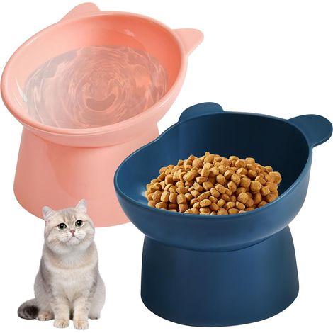Cat Bowl 2 in 1 Elevated Cat Water Bowl with Stand Vomiting Proof Cat Bowl for Cats (Dark Blue+Pink) (1/5)
