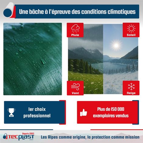 Tecplast – Bâche de protection 10x12 m 250g/m² – Étanchéité totale – Résistante aux intempéries – Ourlet périphérique et œillets aluminium